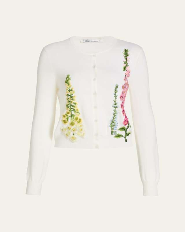 Floral Embroidered Wool Crewneck Cardigan